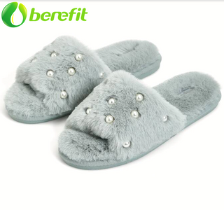Furry Slides with Pearls Mint Women's House Slippers 